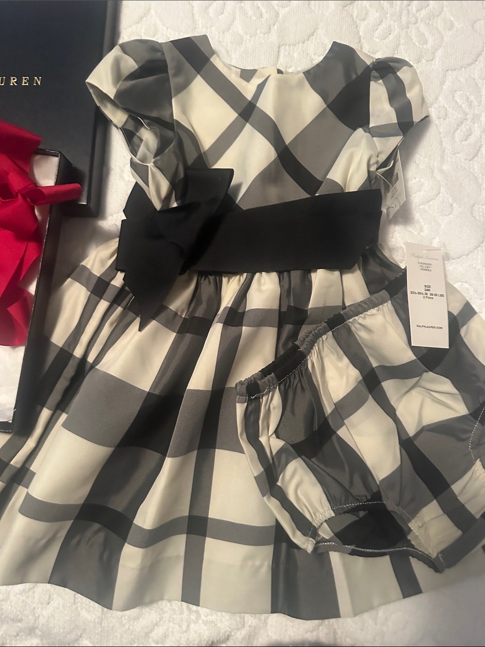 Lauren Ralph Lauren Black and Cream Plaid Party Dress with Bow